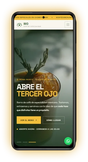 Sitio web de WO Barra de Café visto en un celular